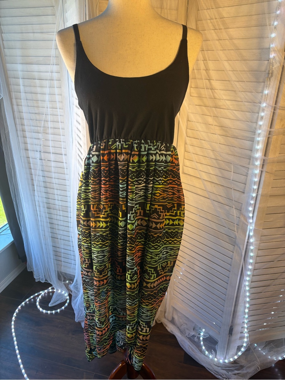 See You Monday Black Tank Maxi Skirt with Neon Tribal Print